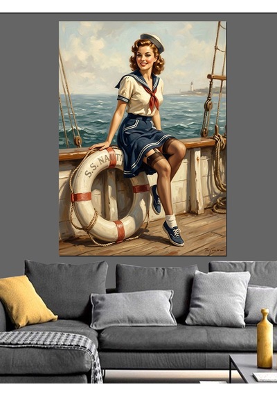 Gemide Can Simidiyle Oturan Pin-up Dekoratif Kanvas - Mdf Ahşap Tablo