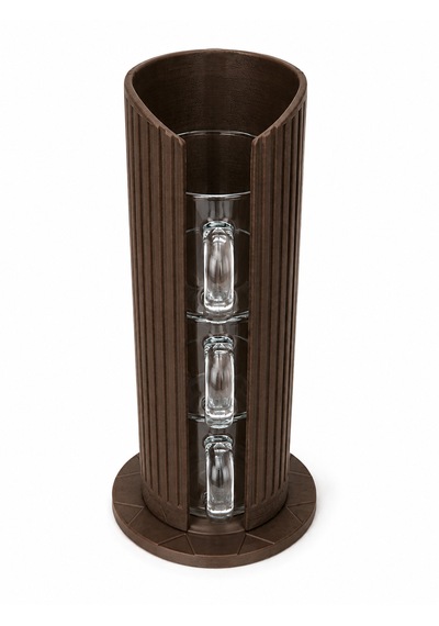 3'lü 100ml Espresso Cortado Türk Kahvesi Fincanı Seti Çift Cidarlı Bardak Ve Dikey Bardak Standı Kahverengi