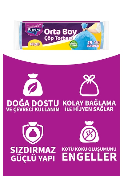 Güçlü Çöp Torbası Orta Boy 15'li 55 X 60 Cm Üçlü Set