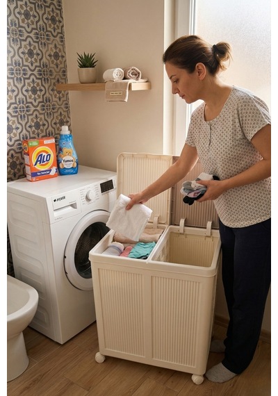 2 Bölmeli Tekerlekli 50 + 50 Litre Kapaklı Çamaşır Sepeti, Kirli Sepeti Bej