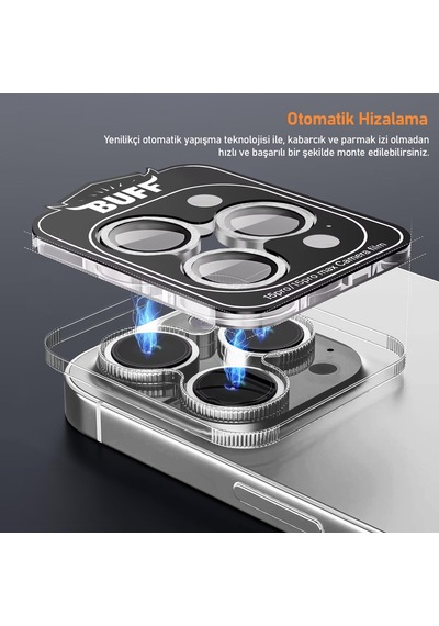 Buff Apple Uyumlu iPhone 15 Pro Max / 15 Pro Titanyum Lens Koruyucu Gümüş