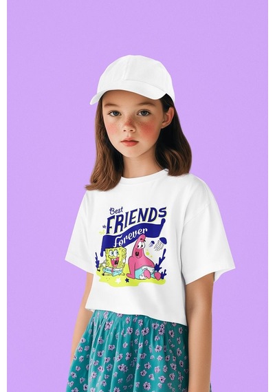 Sevbano Best Friends Forever Yazılı Süngerbob Ve Patrick Baskılı Unisex Ç Beyaz