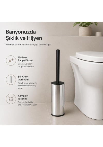 Alper Banyo Krom Klozet Fırçası, Paslanmaz Görünümlü Tuvalet Fırçası, Siyah Saplı Modern Wc Fırçalık, Bany Diğer