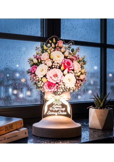 Romantik Lisyantus Çiçek Buketi Led Lamba - Kişiye Özel Sevgiliye Doğum Günü Hediyesi, Yıldönümü Hediyesi