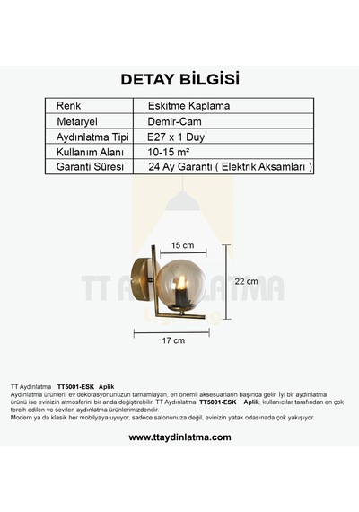 Tt5001-esk Tt Aydınlatma Eskitme Kaplama - Bal Camlı Tekli Aplik Eskitme Bal