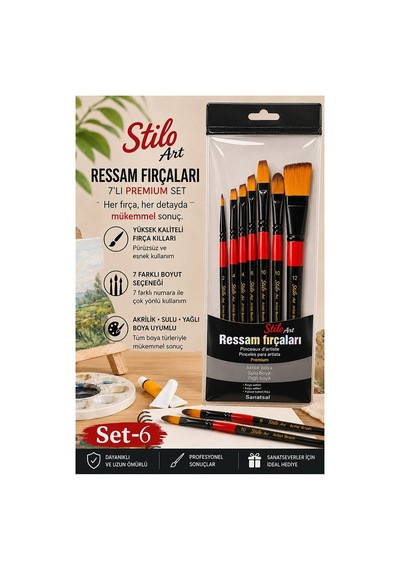 Profesyonel Resim Fırça Seti 7 Li Zemin Yuvarlak Ve Kesik Uçlu 1 Paket Stilo Set 6 Sentetik Kaliteli Ressam Fırça Seti
