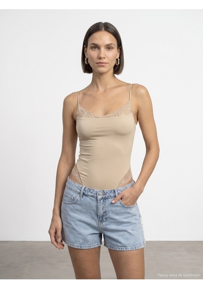 Dilvin 32730 Dantel Detaylı Askılı Bodysuit-taş