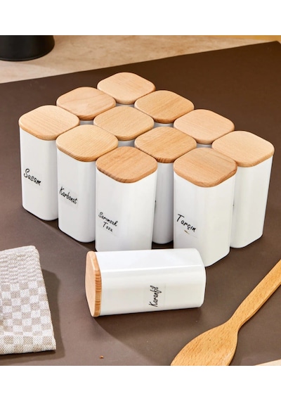 12'li Etiketli 300 Ml Bambu Ahşap Kapaklı Akrilik Mika Baharatlık Saklama Kabı - Vakumlu Sızdırmaz Ahşap - Beyaz