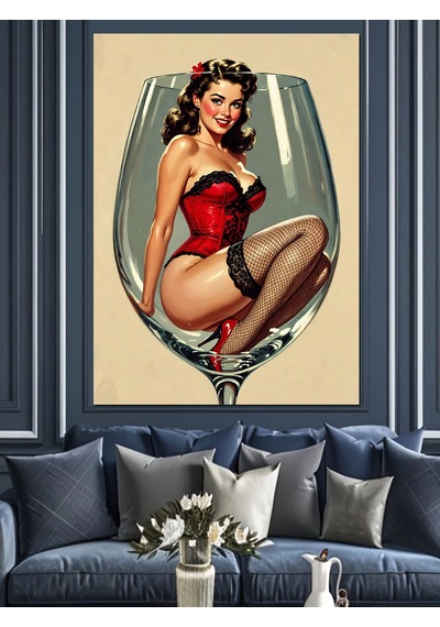 Şarap Kadehli Pin-up Kadın Dekoratif Kanvas - Mdf Ahşap Tablo
