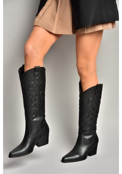 Fox Shoes T296815009 Siyah Kovboy Model Kadın Çizme Siyah-Suni Deri