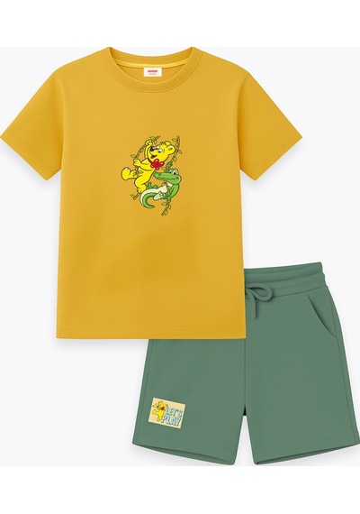 Haribo Lisanslı Timsah Baskılı Çocuk T-shirt Şort Takım Hardal