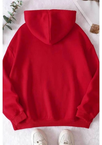 Medinenur Peluş Ayı Baskılı Kapüşonlu Sweatshirt Kırmızı