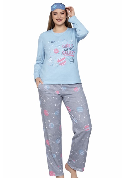 Abarta Kadın Pamuklu Desenli Uzun Kol Pijama Takımı Göz Bandı Hediyeli Bebek Mavi