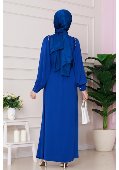 Sevitli Omuzu Taş Detaylı Rose Elbise-saks Mavi-4772 Saks Mavi