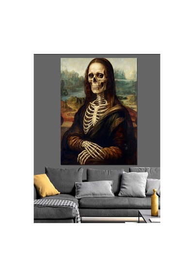 Mona Lisa Tarzında İskelet Portresi Yağlı Boya Dokulu Kanvas Tablo Canvas Tablosu