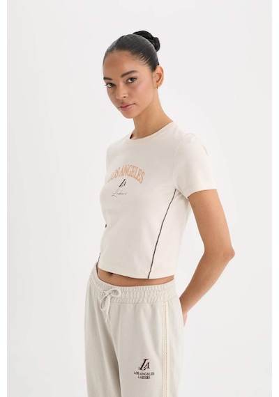 DeFactoFit NBA Los Angeles Lakers Slim Crop Fit Bisiklet Yaka Kısa Kollu Tişört D6122AX25SPER218 Ekru