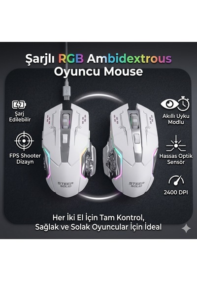 Rgb Gaming Kablosuz Mouse Beyaz Şarjlı, 2.4g Hız, 2400 Dpı Hassas Optik Sensör, Sağ Ve Sol El Uyumlu Diğer