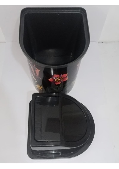 24x13 Cm Ebatınta 3lt Klick Kapaklı Siyah Çiçek Desenli Lüks Şık Çöp Kovası