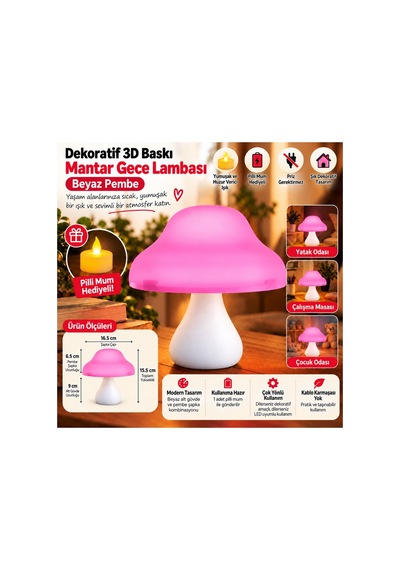 Dekoratif 3d Baskı Mantar Gece Lambası - Pilli Mum Hediyeli - Pembe Beyaz
