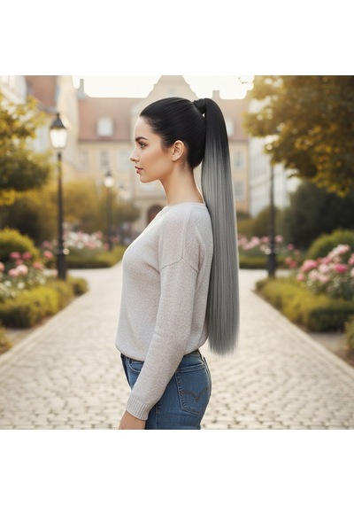 Lastik Tokalı At Kuyruğu Düz - Siyah / Gri Ombre