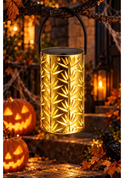 Gold Metal Yapraklı Askılı Pilli Led Fener Halloween Yılbaşı Ramazan Dekor Süsü 12,5 X 7,5 Cm Renkli