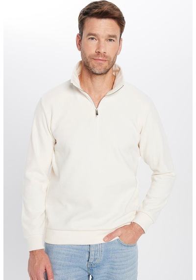 Tudors Unisex Relax Fit Rahat Kesim Fitilli Desenli Pamuklu Yarım Fermuarlı Ekru Dik Yaka Sweatshirt-31978 Ekru