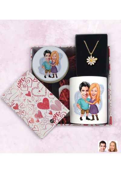 BK Gift Sevgiliye Özel Karikatürlü Kutuda Hediye Seti, Kupa Bardak, Sevgili Hediyesi, İsimli Papatya Kolye, Kokulu Mum,Yıl Dönümü Hediyesi-2