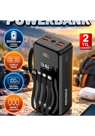 Dijital Göstergeli Çok Çıkışlı Powerbank Dahili Kablolu Taşınabilir Şarj Cihazı Renkli