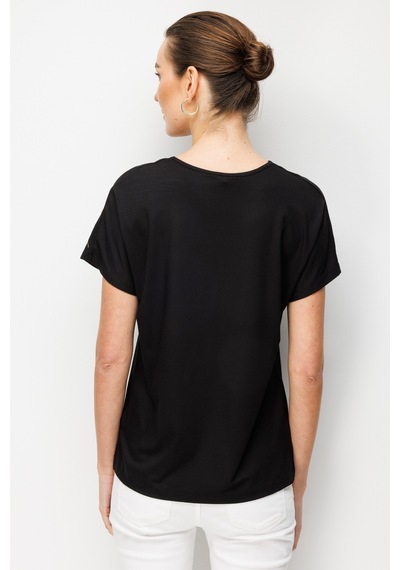 Kadın V Yaka Nakış İşlemeli Düşük Kollu Penye T-shirt Siyah Siyah