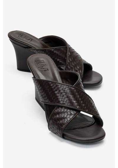 Luvi Shoes Lavean Kahverengi Örgü Çapraz Bantlı Kadın Dolgu Topuklu Terlik
