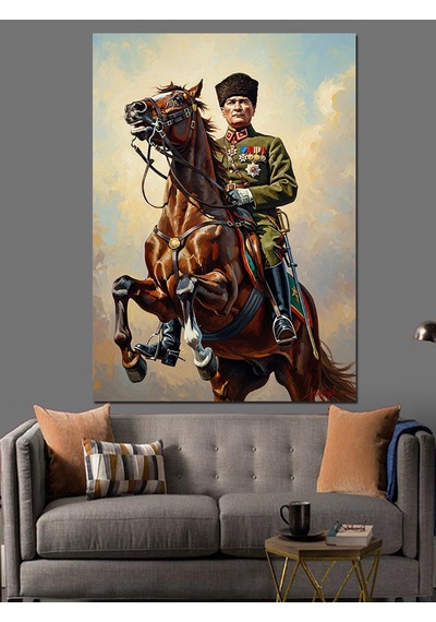 Kahverengi Atla Mustafa Kemal Atatürk Dekoratif Kanvas - Mdf Ahşap Tablo