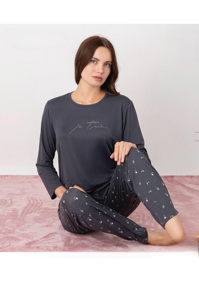 Pijamoni Kadın Milan Bisiklet Yaka Uzun Kol İnce Pijama Takımı 7600/35 - 1 Adet Füme