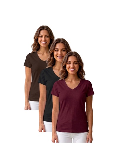 Thiff Gymwear Kadın Kısa Kollu V Yaka Basic Tişört T-shirt 3'lü Set Kahverengi - Siyah- Bordo Thiff Gymwear Kadın Kısa Kollu V Yaka Basic Tişört T-shirt 3'lü Set Kahverengi - Siyah- Bordo