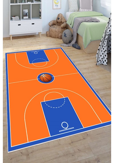 Basketbol Sahası Desenli Yıkanabilir Kaymaz Taban Çocuk Oyun Halısı Turuncu