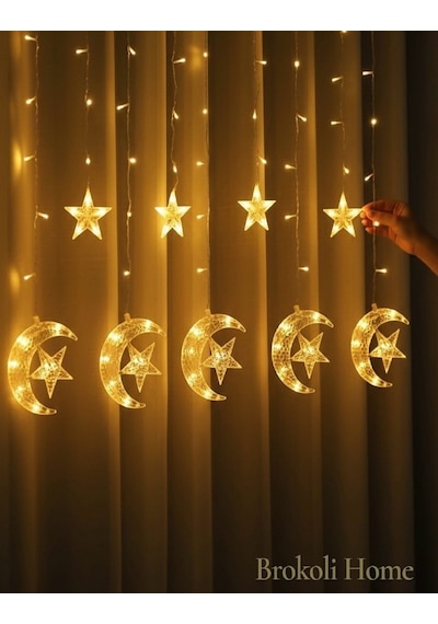 Ay Yıldız Perde Led 8 Mod Ramazan Led Işık Gün Işığı Ramazan Süsleme Led Aydınlatma Ramazan Işık Gün Işığı