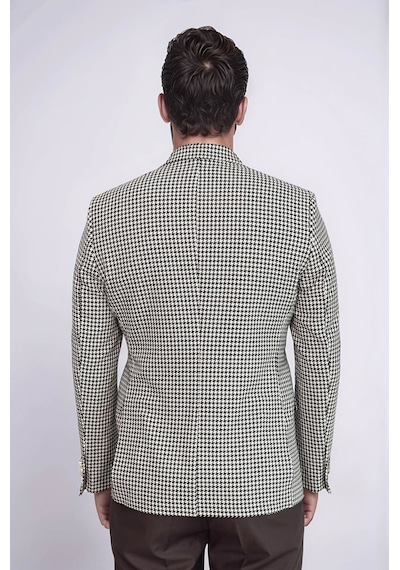 Siyah & Krem Kazayağı Desenli Gold Renk Metal Düğmeli Slim Fit Erkek Blazer Ceket - Wessi Cream Siyah & Krem Kazayağı Desenli Gold Renk Metal Düğmeli Slim Fit Erkek Blazer Ceket - Wessi Cream