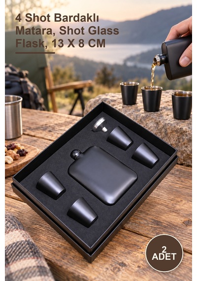 2 Adet Shot Bardaklı Matara Seti 4 Shot Bardaklı Matara, Shot Glass Flask, 13 X 8 Cm