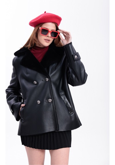 M M Marki Marki Hakiki Deri Kadın Mont Siyah İçi Kürklü Kruvaze Düğmeli Blazer Model 70 Cm - 120522