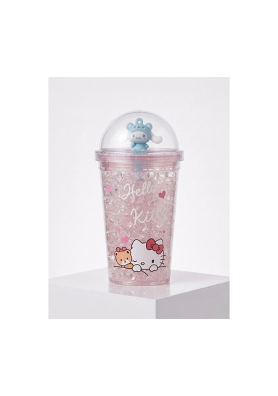Sevimli Hello Kitty Kristal Figürlü Cam Bardak,450 Ml, Kız Çocuk Özel Tasarım Pipetli Plastik Suluk,matara,model2 Mavi