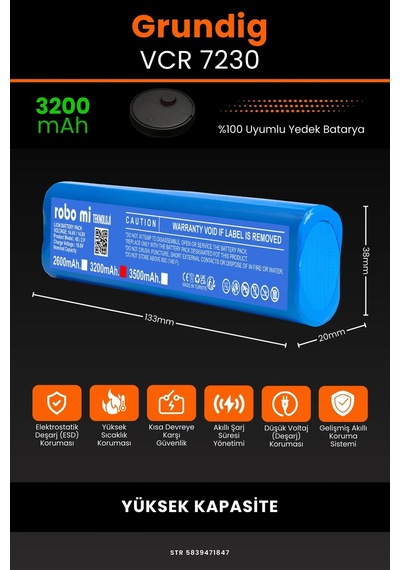 Grundig Uyumlu Vcr 7230 3200mAh Robot Süpürge Bataryası