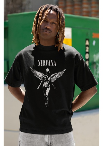 Sevbano Tasarım Nirvana Rock Metal Baskılı Unisex Oversize Müzik Grubu Ti Siyah