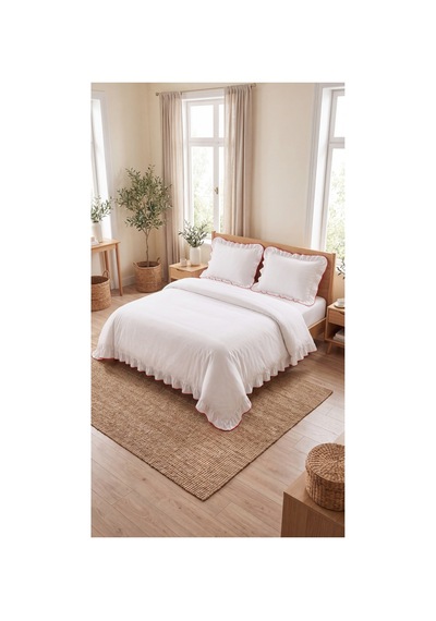 %100 Pamuk Overloklu Fırfırlı Çift Kişilik Nevresim Takımı Lastikli Çarşaflı 200x220 Cm Kırmızı - 904804703 Kırmızı