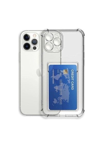 Apple iPhone Uyumlu 14 Pro Kılıf Kartlıklı Darbe Korumalı Silikon + Ekran Koruyucu Nanon Şeffaf
