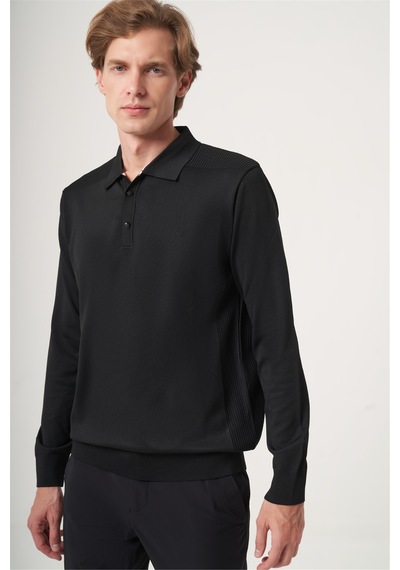 İmza Siyah Polo Yaka Uzun Kol Örme Comfort Fit Pamuklu Kazak 1012265159