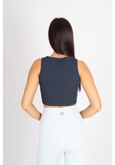 Soft&Basic Kadın Lacivert Basic Halter Yaka Esnek Biyeli Kaşkorse Kumaş Crop Top Body Atlet Lacivert