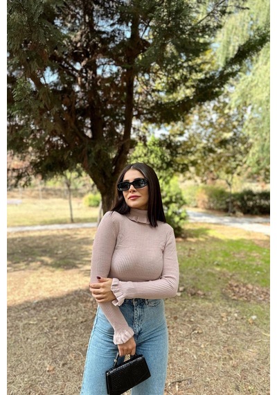 Kadın Gül Kurusu Fırfırlı Boğazlı Yaka, Uzun Kol, Vucüda Oturan Esnek Kumaş, Düz Desen, Triko Bluz Gülkurusu