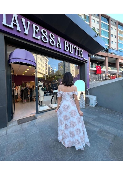 Şerit Geçişli Şifon Elbise - Beyaz-189