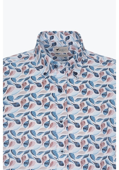 AC&Co / Altınyıldız Classics Erkek Bej Mavı %100 Pamuk Slim Fit Dar Kesim Düğmeli Yaka Baskılı Gömlek Bej Mavı