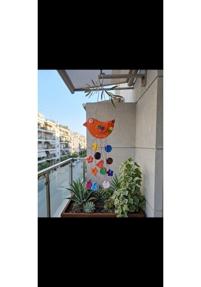 Taş Tozu El Yapımı 2li Kuş Figürlü Renkli Rüzgar Çanı - Balkon Ve Bahçe Duvar Süsü