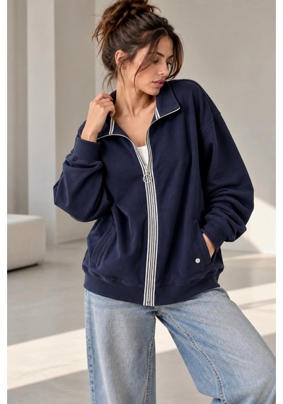 Bb Butik Basic Fermuar Detaylı Dik Yaka Oversize Mevsimlik Sweatshirt Fk3535 Lacivert